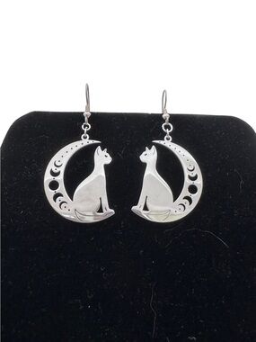 Silver Cat on Crescent Moon Dangle Earrings